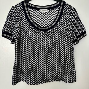 ST. JOHN Sport Navy & White Herringbone Pattern Cotton Scoop Neck Top - Small